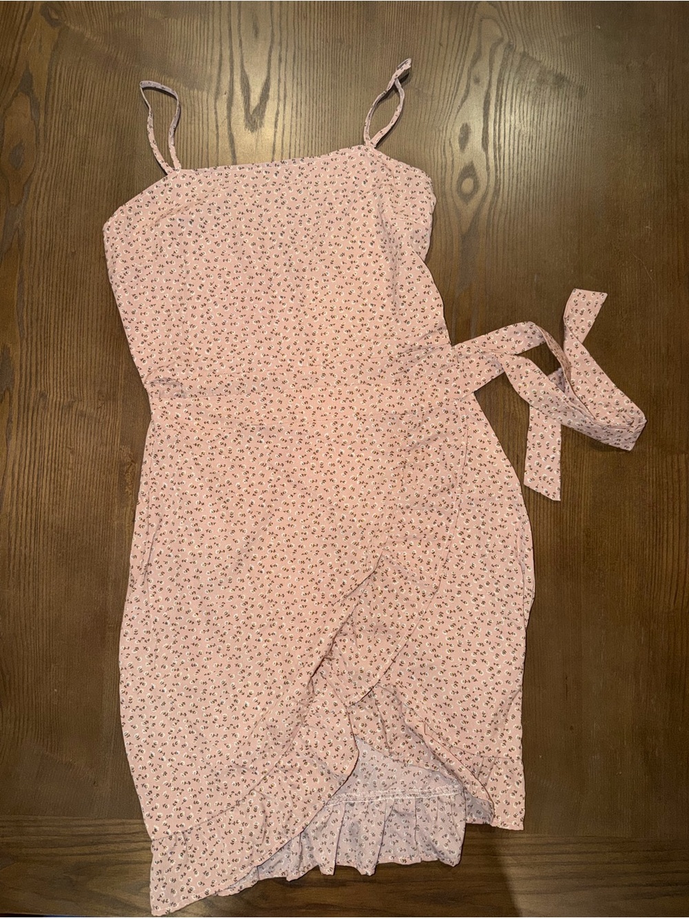 Pink Floral Wrap Midi Dress with Tie Waist
